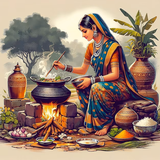 illustration indian village woman cooking food 439142 26